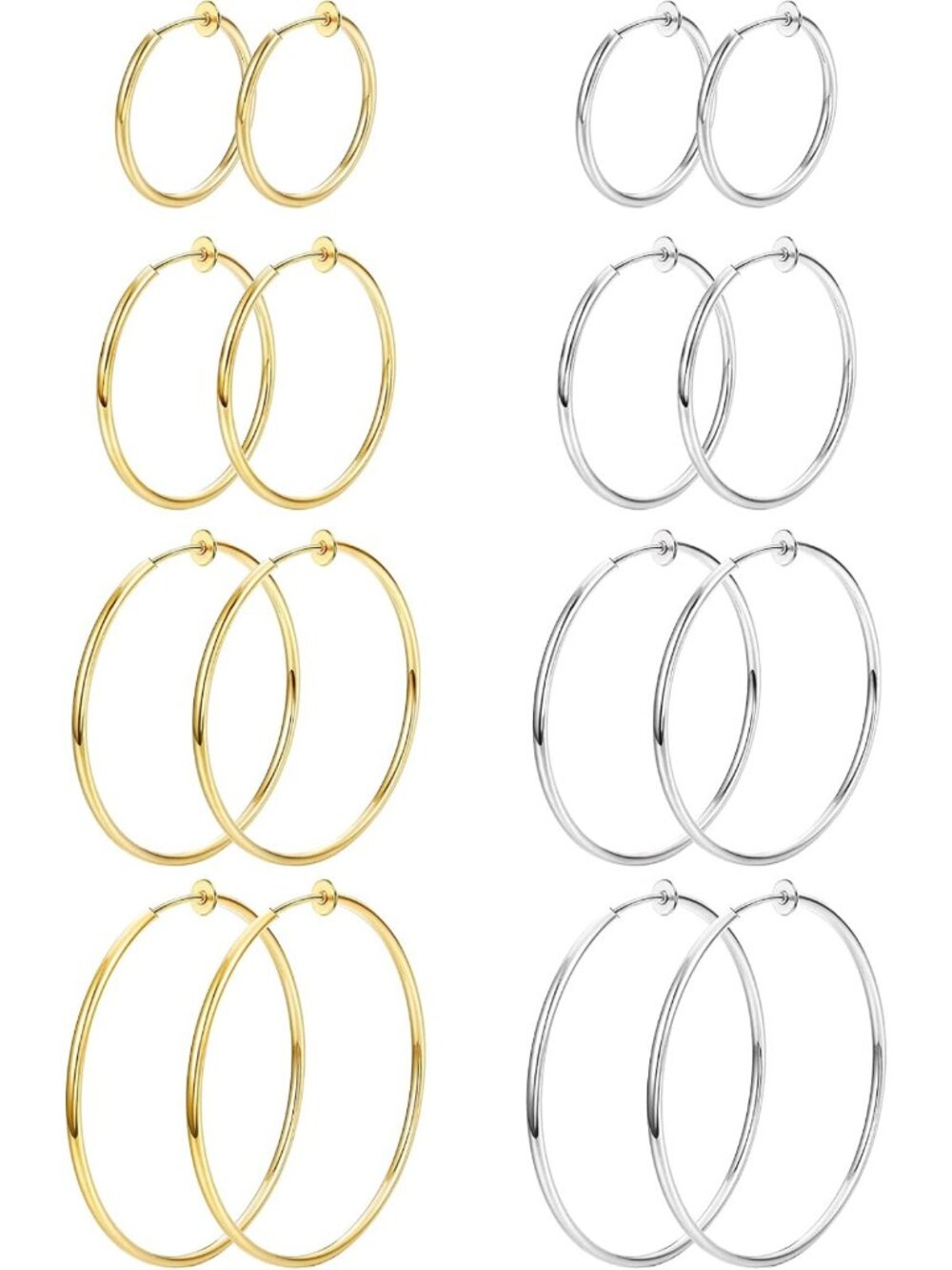 8 Pairs Stainless Steel Clip-On Hoop Earrings for Non-Pierced Ears - Stylish